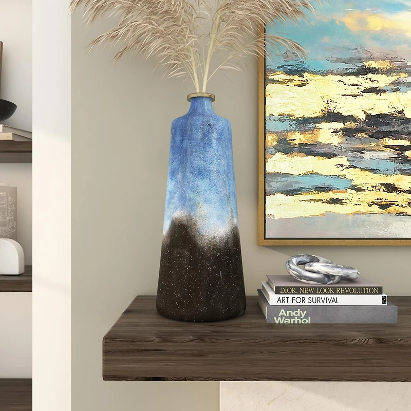 20" Blue Glass Galaxy Inspired Abstract Vase with Gold Top