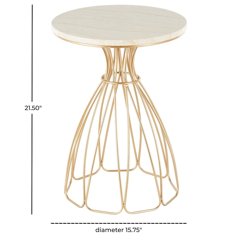 21.5" Gold Metal Flower Inspired Accent Table with Cream Marble Tabletop