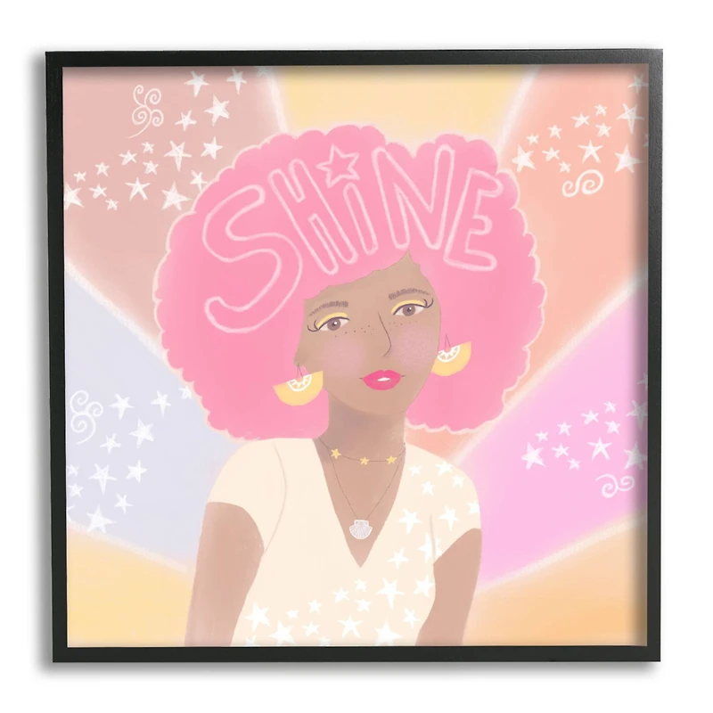 Stupell Industries Playful Shine Phrase Girl with Afro Rainbow Stars Framed Wall Art