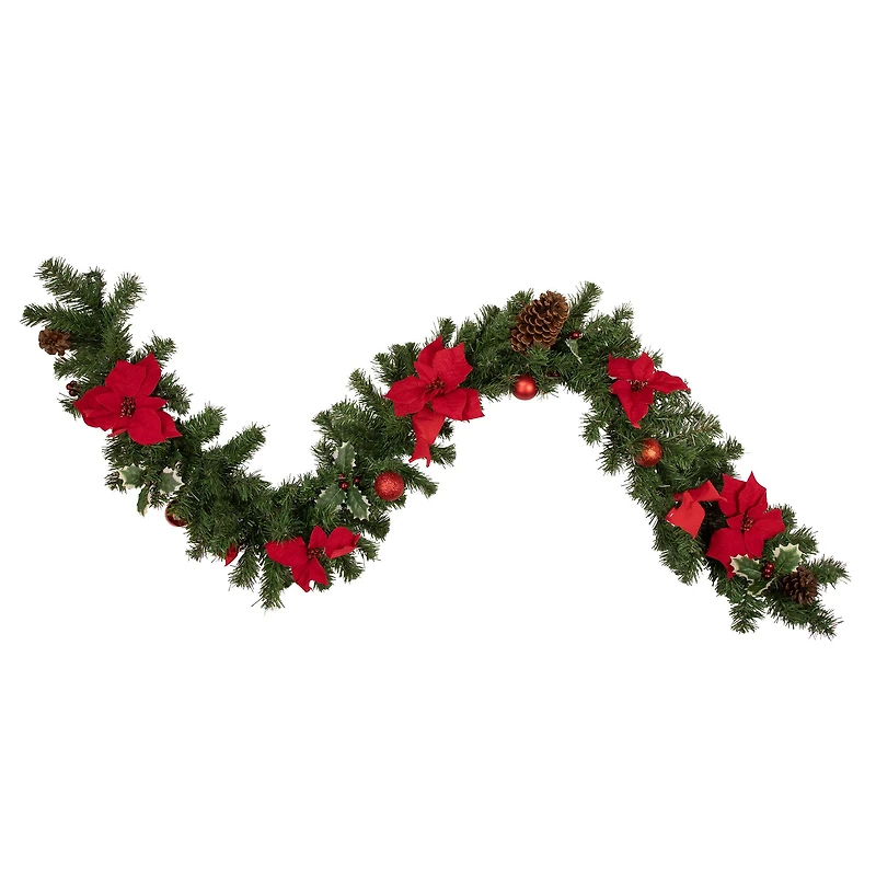 Pre-Decorated Red Poinsettia Pine Cone & Ball Artificial Garland, Unlit