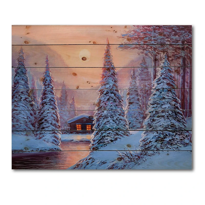 Designart - Winter Landscape & The River House In The Woods I