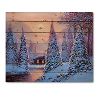 Designart - Winter Landscape & The River House In The Woods I
