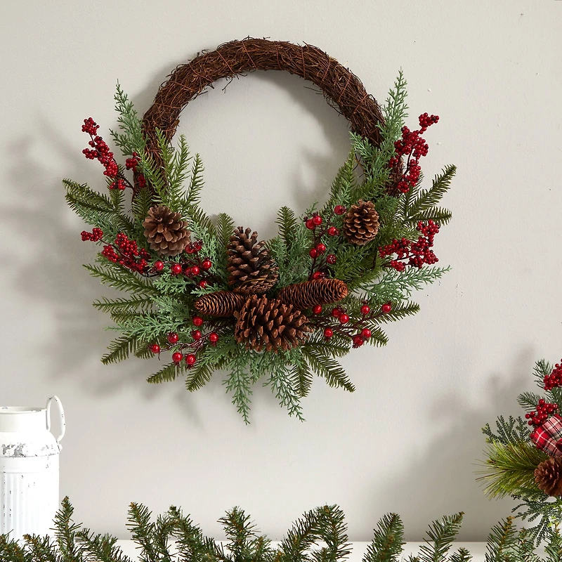 22" Mixed Pine with Berries & Pinecones Wreath