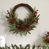 22" Mixed Pine with Berries & Pinecones Wreath