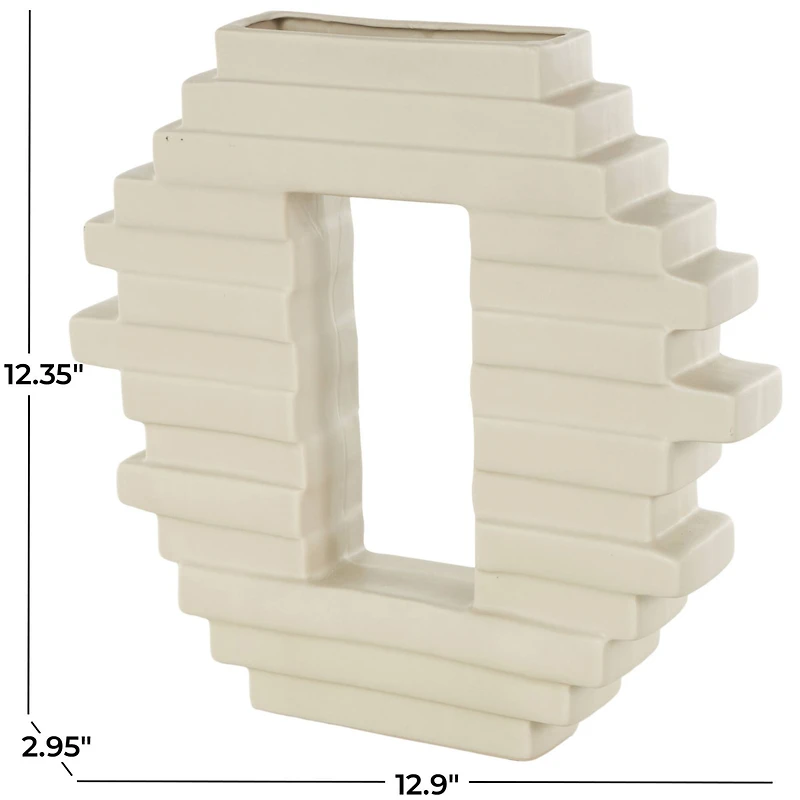 13" Cream Ceramic Abstract Decorative Vase with Rectangular Center Cutout