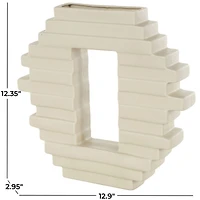 13" Cream Ceramic Abstract Decorative Vase with Rectangular Center Cutout