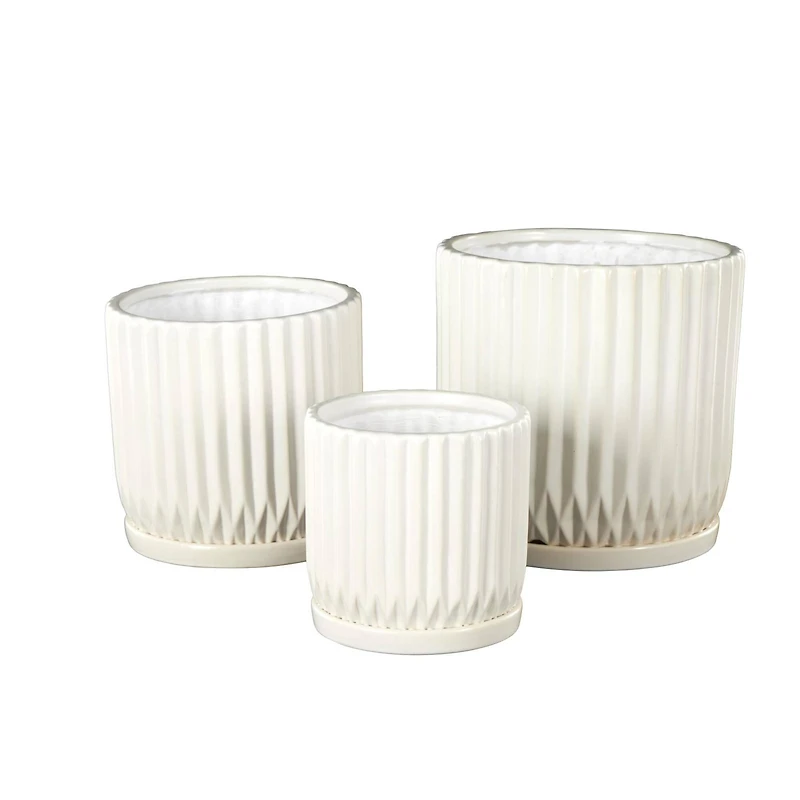 White Ribbed Textured Ceramic Planter Set