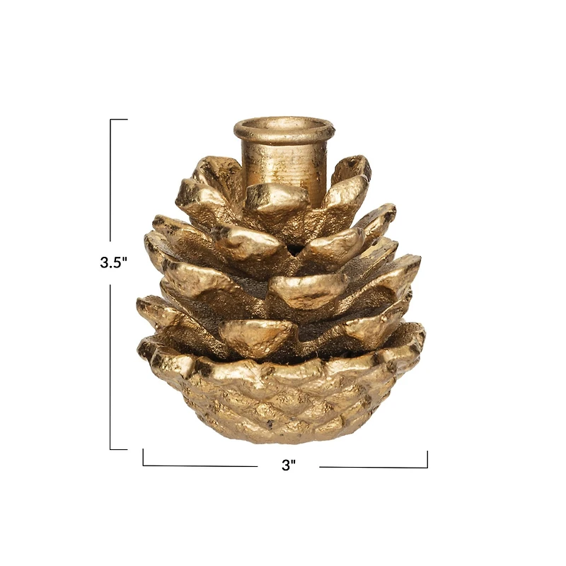 Hello Honey® 3.5" Anique Gold Finish Metal Pinecone Shaped Taper Candle Holder