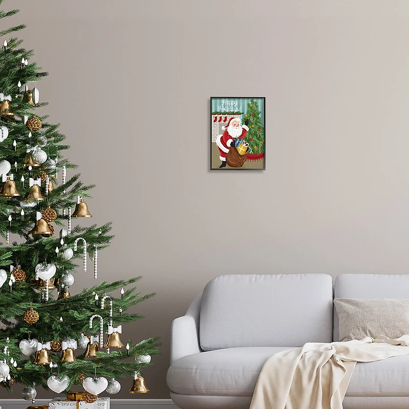 Stupell Industries Happy Holidays Santa Gift Bag Framed Giclee Art
