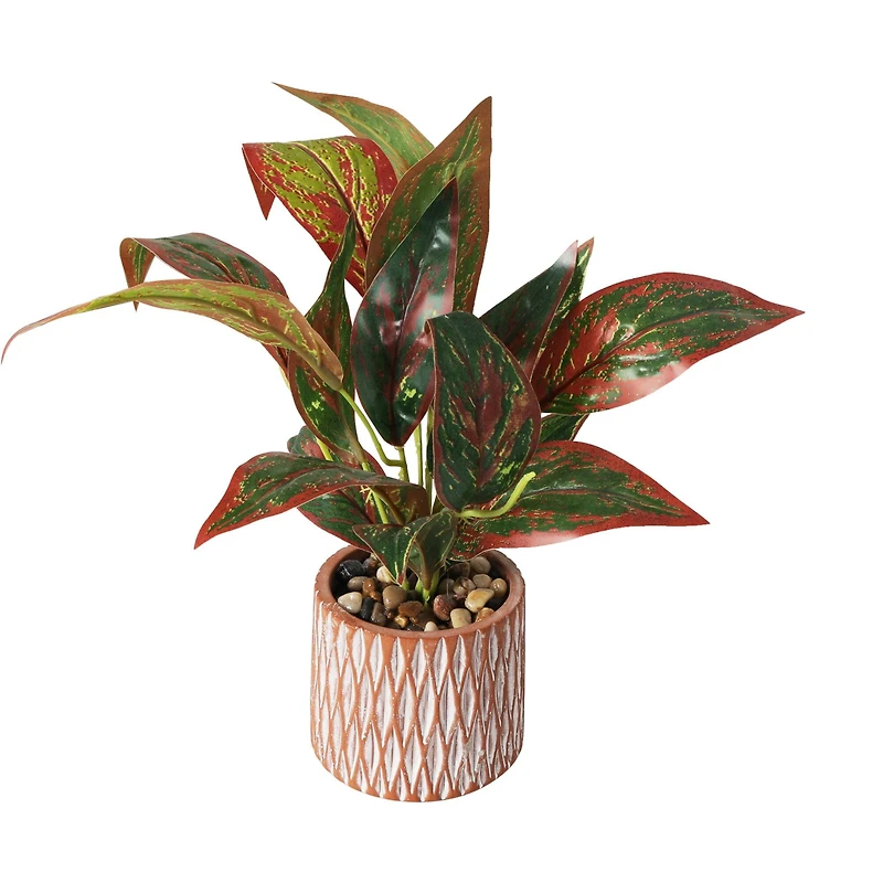 14" Croton Artificial Plant with Geometric Patterned Pot