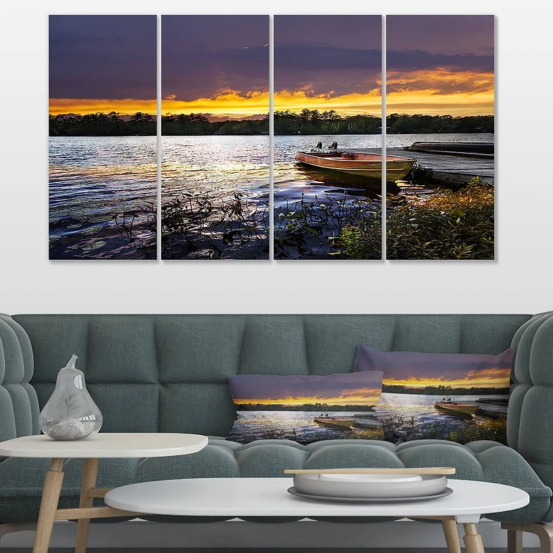 Designart - Boat Docked in Lake at Sunset