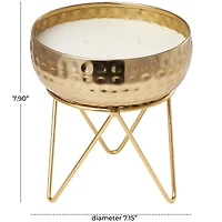 8" White Roses in Paradise Scented 3-Wick Candle with Hammered Gold Container and Tripod Stand