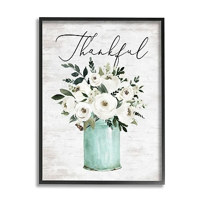 Stupell Industries Thankful Phrase White Ranunculus Floral Bouquet Milk Tin Framed Wall Art