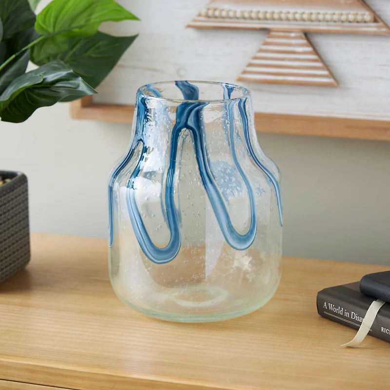 10" Cream with Wavy Blue Design Abstract Glass Vase