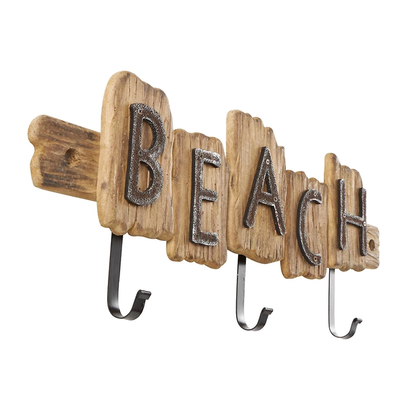 27" x 10" Brown Wood Handmade Live Edge Beach Sign 3 Hanger Wall Hook with Metal Accents
