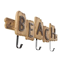 27" x 10" Brown Wood Handmade Live Edge Beach Sign 3 Hanger Wall Hook with Metal Accents
