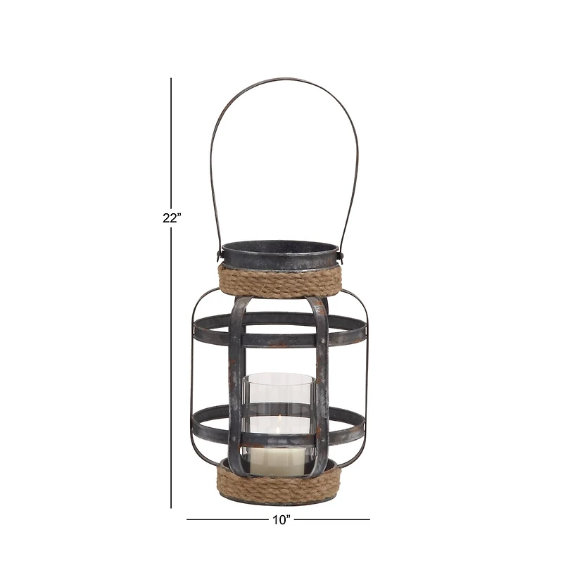 Grey Iron Industrial Candle Holder Lantern, 13" x 10" x 10"