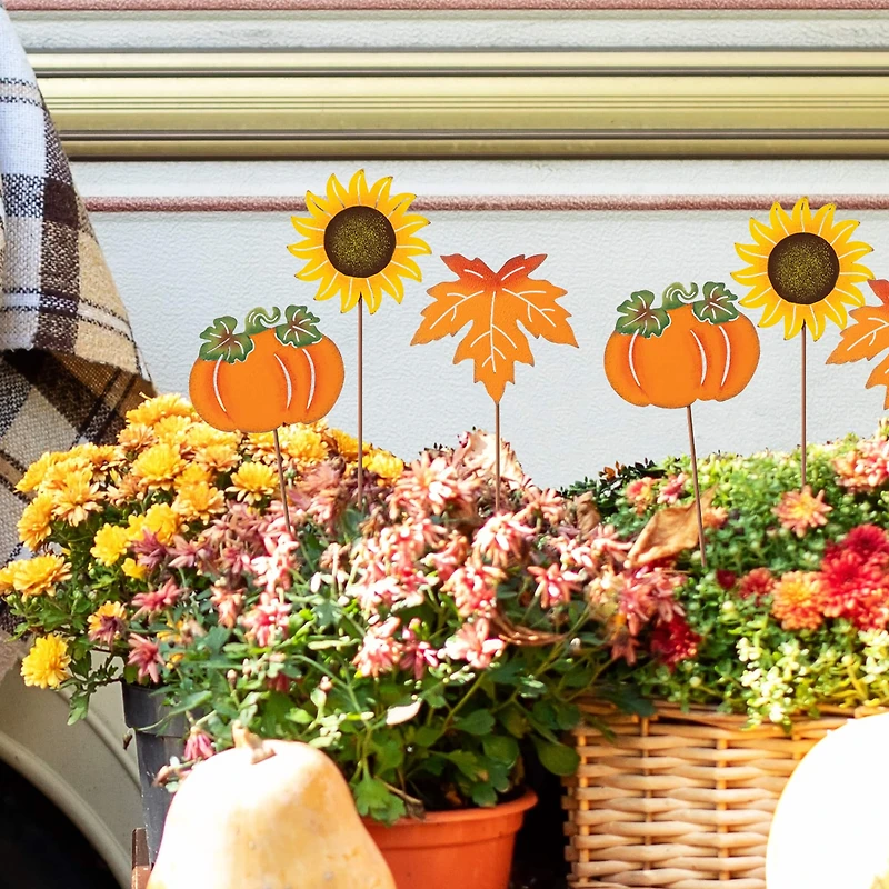 Glitzhome® 18" Fall Metal Pumpkin, Leave & Sunflower Yard Stake, 6ct.