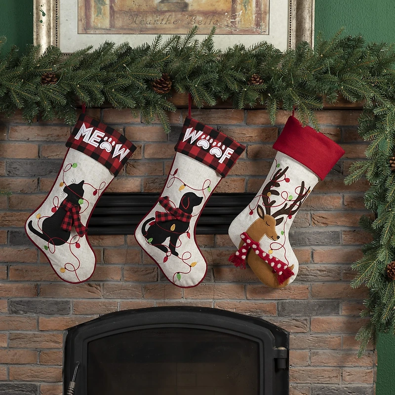 Glitzhome® 21" LED Embroidered Reindeer Linen Christmas Stocking