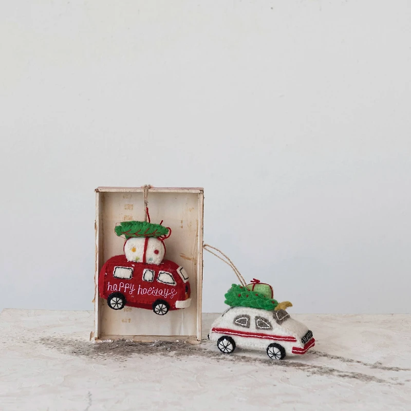 Hello Honey® Handmade Wool Felt Van & Car Ornament Set with Christmas Tree, Present, Applique & Embroidery