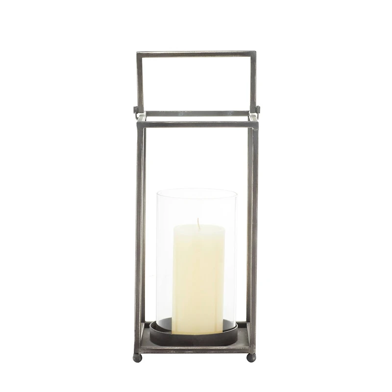 Black Iron Modern Candle Holder Lantern, 16" x 6" x 6"