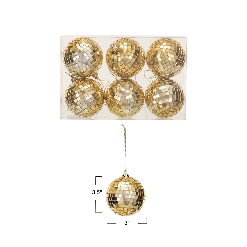 Hello Honey® 6 Pack 3.5" Gold Finish Glass & Foam Disco Ball Ornaments with Acetate Box