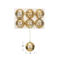 Hello Honey® 6 Pack 3.5" Gold Finish Glass & Foam Disco Ball Ornaments with Acetate Box