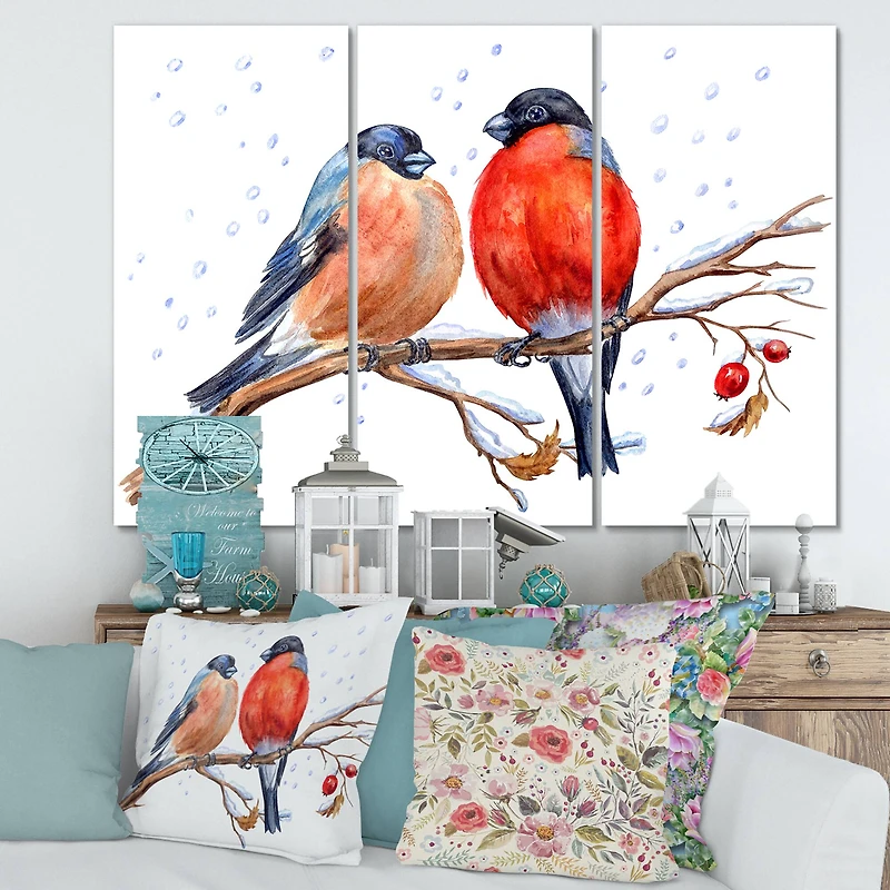 Designart - Two Bullfinches On A Hawthorn Branch with Snowfall
