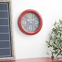 Farmhouse Round Red Metal and Wood Kensington Station Wall Clock, 14" x 14" x 2.60"