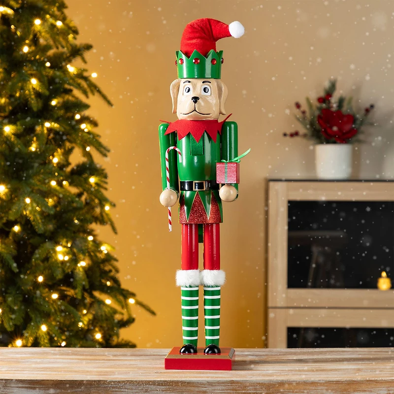 Glitzhome® 23.5"H Wooden Christmas Elf Dog Nutcracker