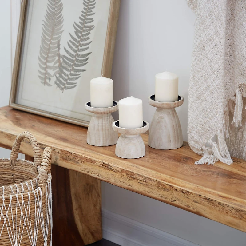 Brown Wood Natural Candle Holder Set
