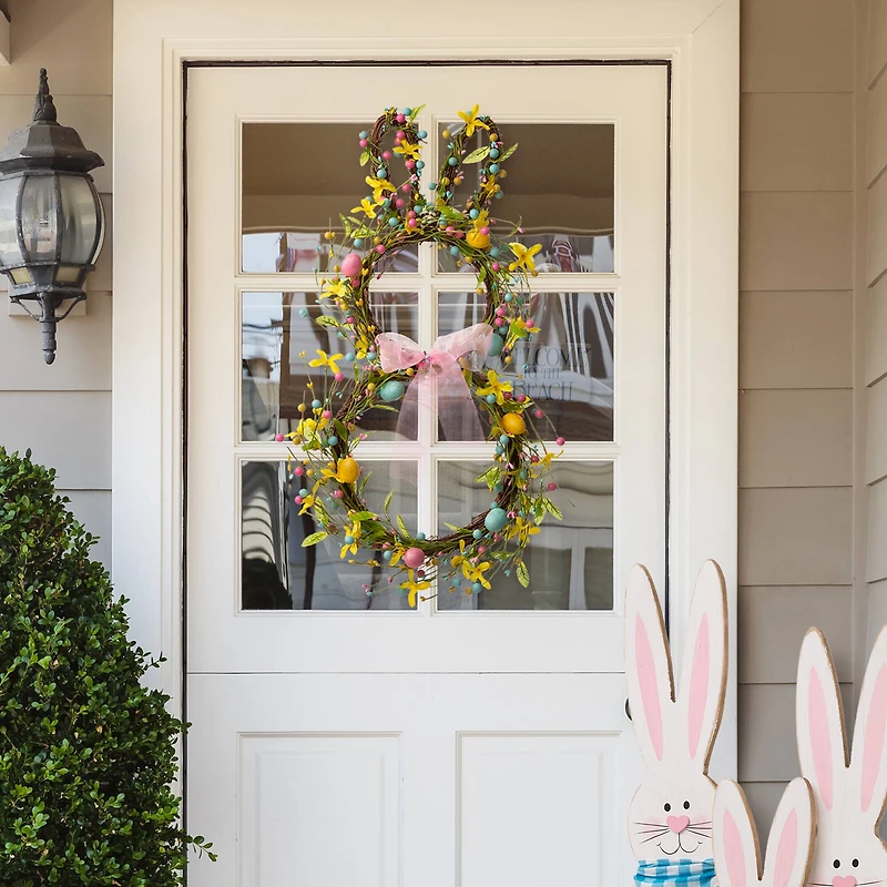 Glitzhome® 25" Easter Bunny Shaped Wreath with Eggs & Satin Ribbon Bow