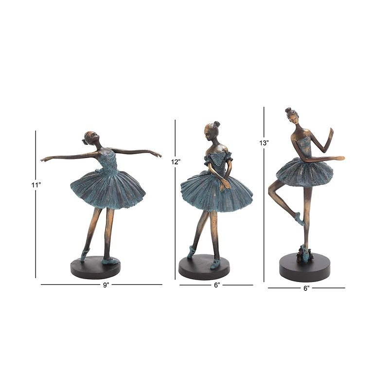 Set of 3 Teal Polystone Traditional Dancer Sculpture
