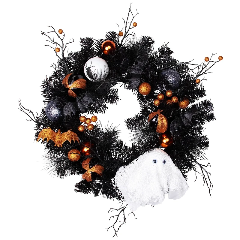 24'' Unlit Orange Ornaments and Ghost Halloween Pine Wreath