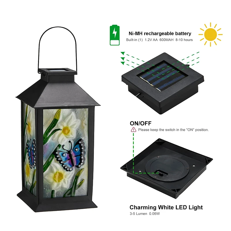 Glitzhome® 11" Glass with Butterfly & Flower Pattern Solar Powered Hanging Lanterns, 2ct.
