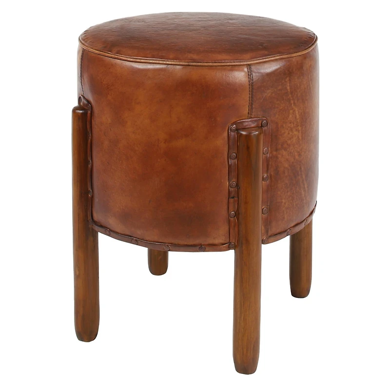20" Brown Leather & Teak Traditional Stool