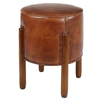 20" Brown Leather & Teak Traditional Stool