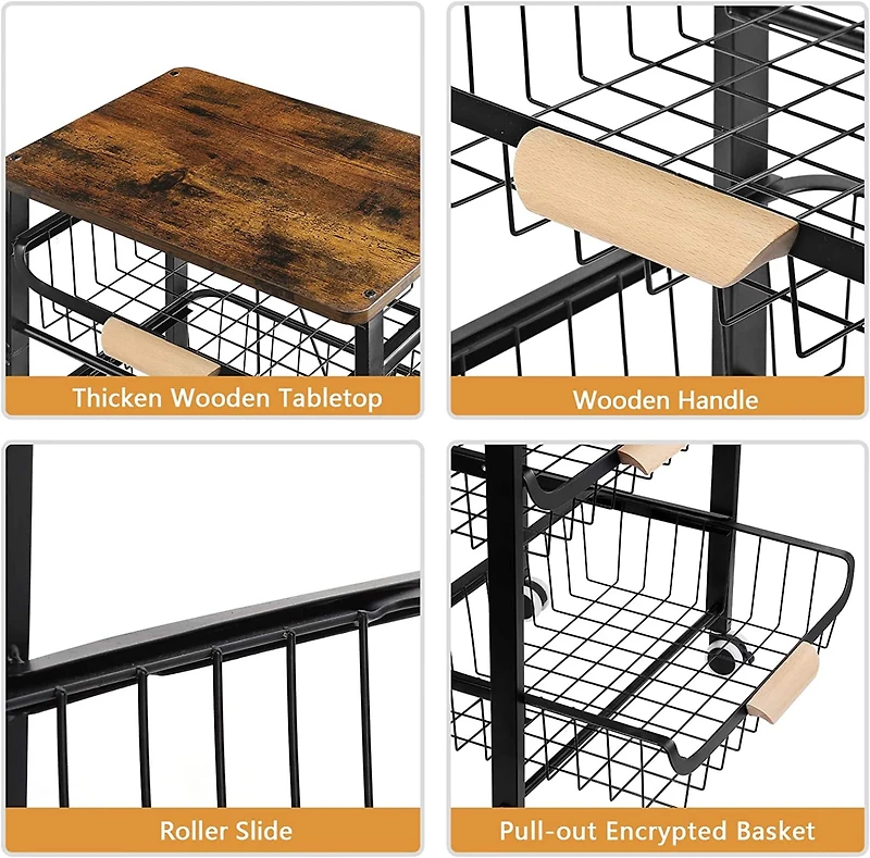 Black Fruit Storage Basket Kitchen Rolling Cart