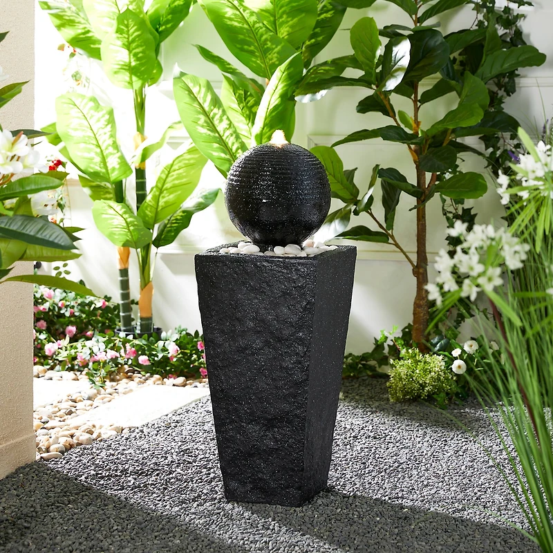 Glitzhome® Modern LED Black Geometric Pedestal & Sphere Outdoor Floor Fountain