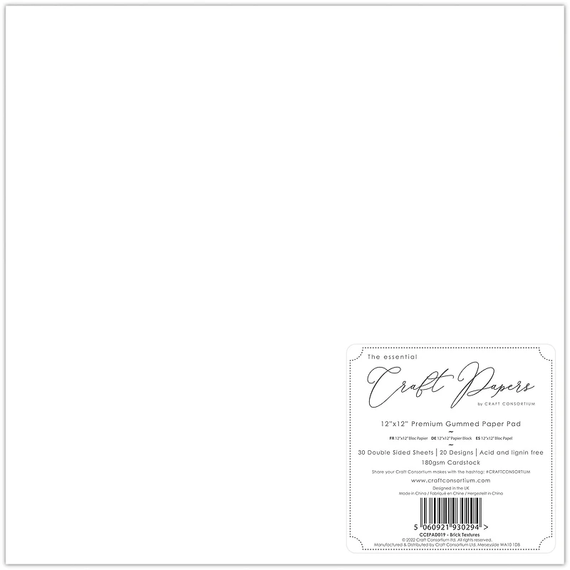 Craft Consortium Double-Sided Paper Pad 12" x 12" 30 ct. Brick Textures, 20 Designs