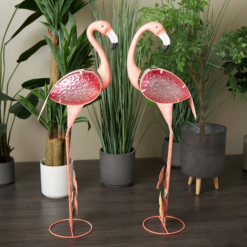 46" Tall Floral & Shimmer Pink Metal Flamingo Garden Sculpture Set