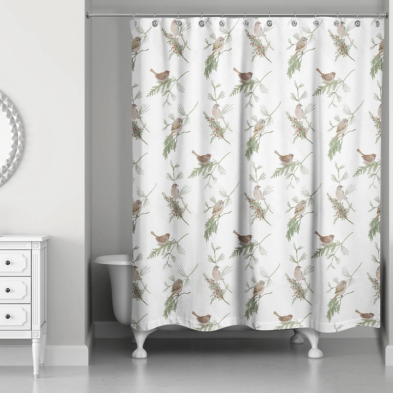 Pine & Birds on White Shower Curtain