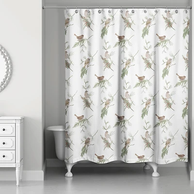 Pine & Birds on White Shower Curtain