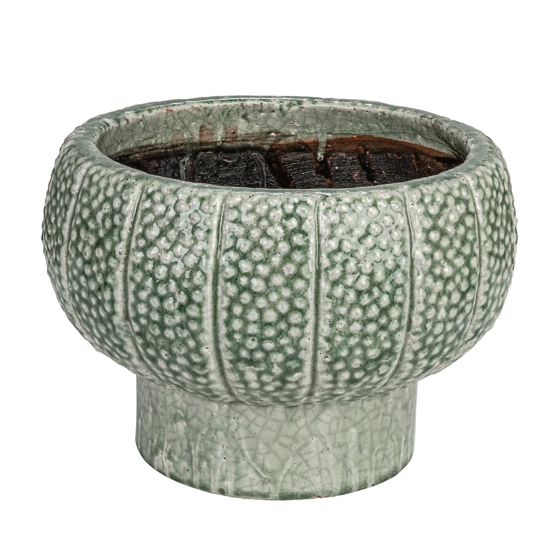 Hello Honey® 10.5" Green Dot Pattern Crackle Glaze Embossed Terra Cotta Footed Vase Planter