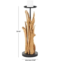 31" Brown Teak Wood Handmade Tall Tree Branch Floor Candle Holder with Black Metal Accents