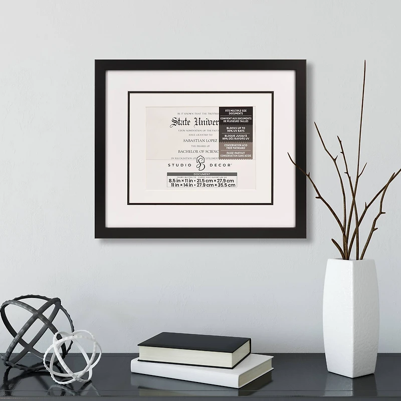 6 Pack: 8.5" x 11" / 11" x 14" Black Document Frame with White Triple Mat by Studio Décor®