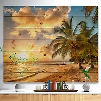Designart - Gorgeous Beach of Island Barbados - Modern Seascape Print on Natural Pine Wood