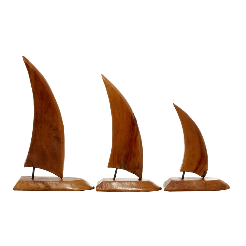 Set of 3 Brown Teak Wood Sail Boat Sculpture 20", 17", 13"