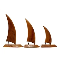 Set of 3 Brown Teak Wood Sail Boat Sculpture 20", 17", 13"