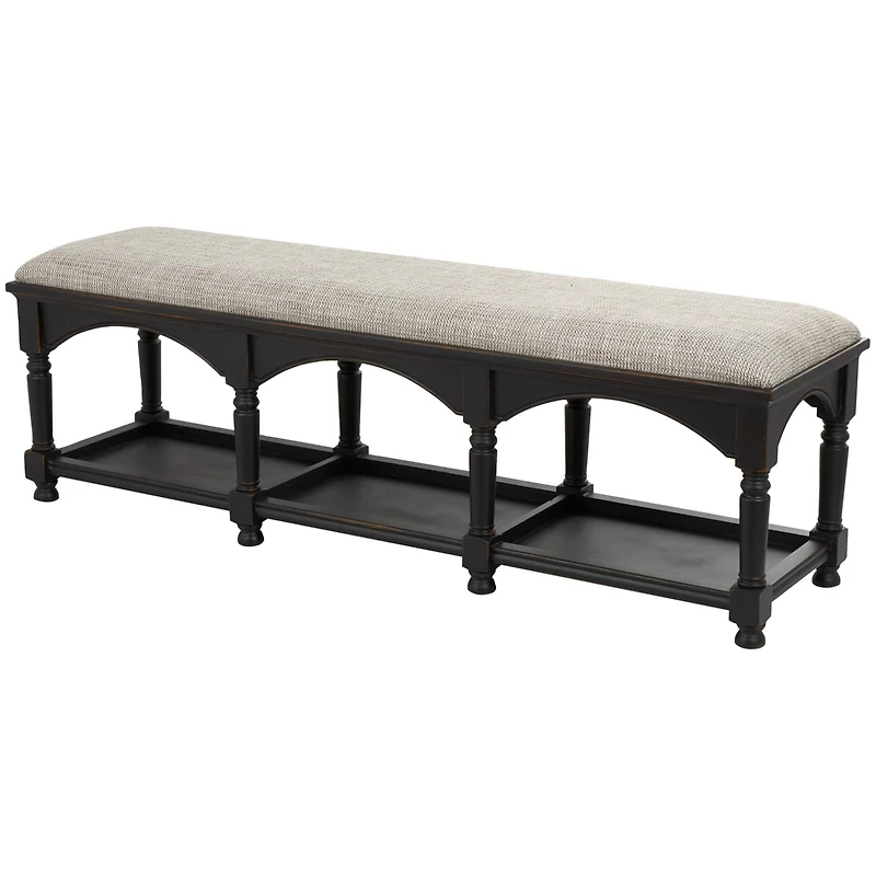 59" Black & Beige Fabric Arched Storage Bench with Traditional Turned Legs
